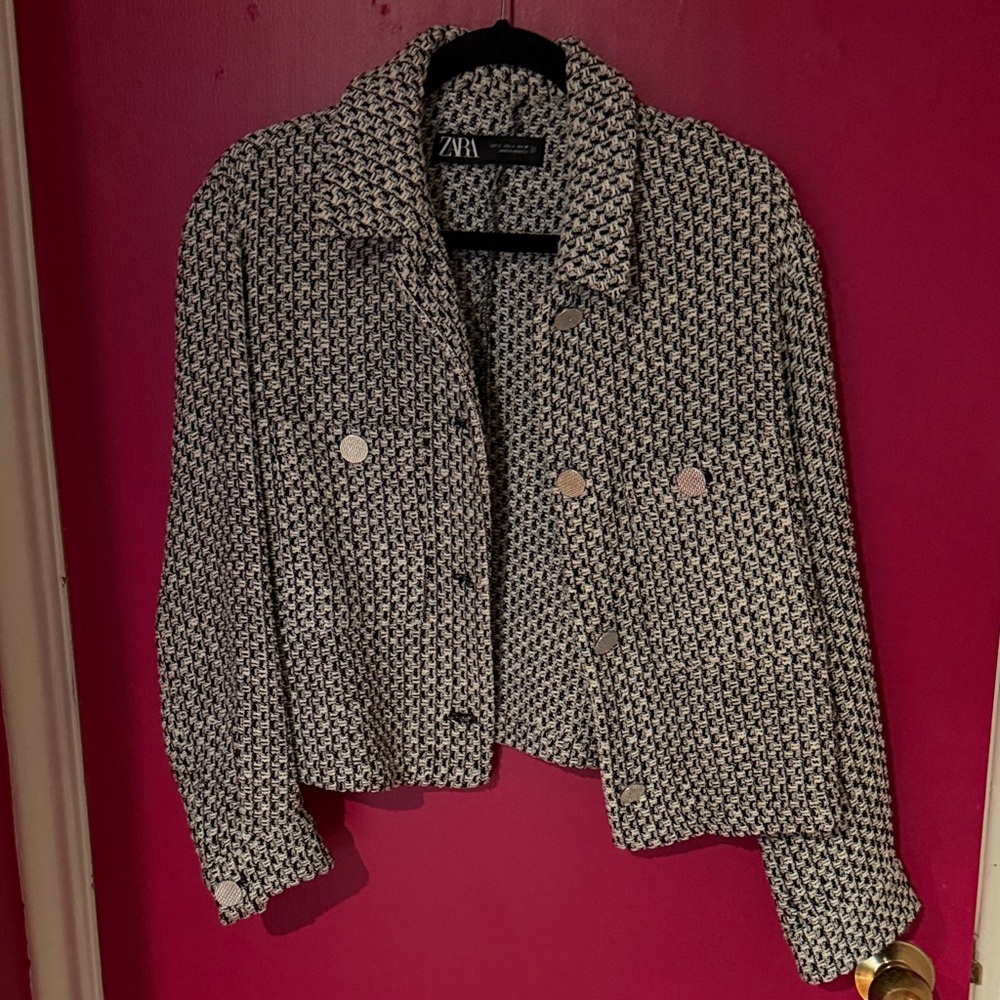 Zara Black and White Tweed Cropped Blazer